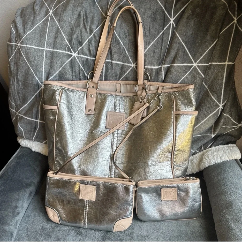 Coach Metallic Silver and Tan Tote Set - Picture 1 of 13